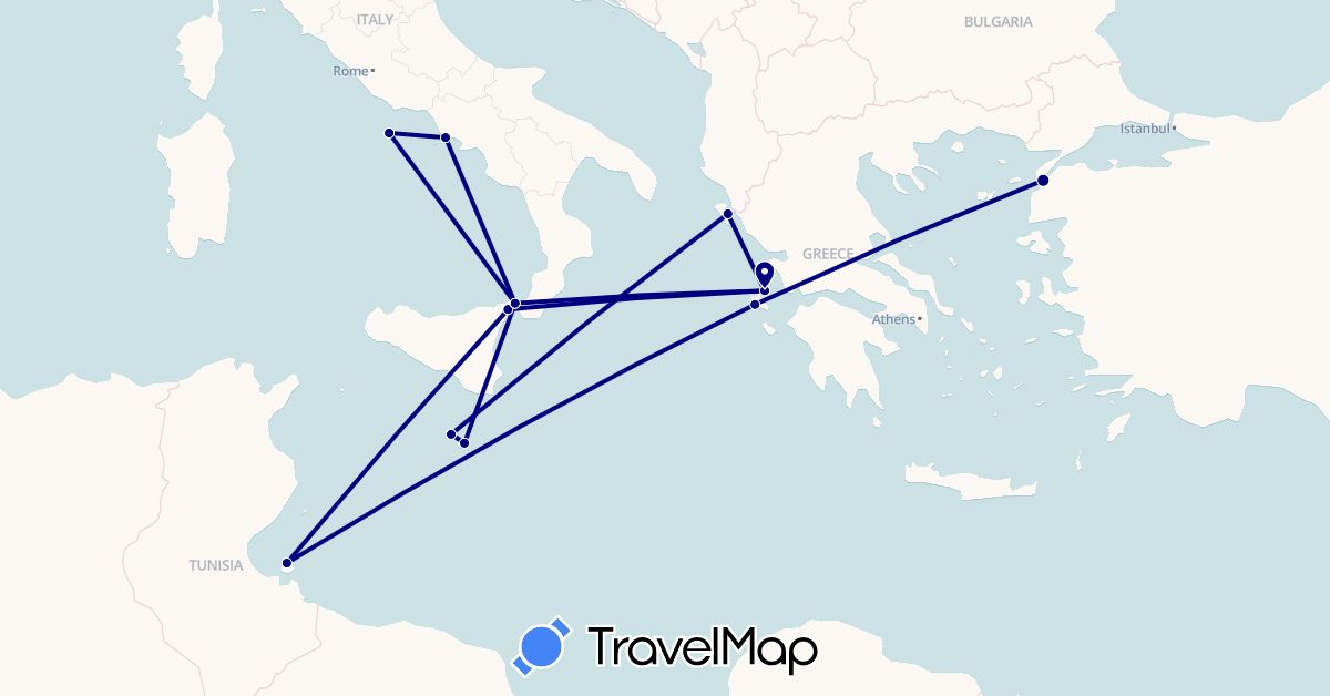 TravelMap itinerary: driving in Greece, Italy, Malta, Tunisia, Turkey (Africa, Asia, Europe)